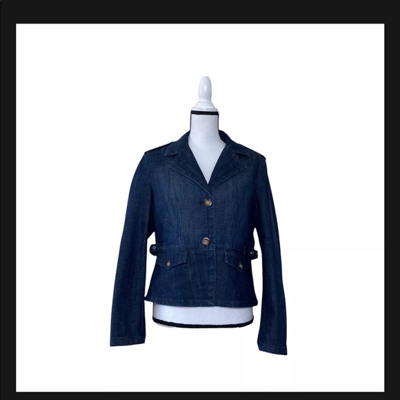 Talbots Blue Denim Stretch Peplum Blazer Long Sleeve Collar size 8 Jean jacket - Picture 1 of 11